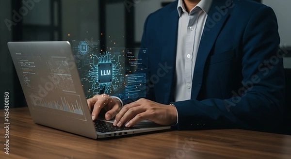 Obraz LLM and Custom AI Solutions with Businessman Training AI on Laptop