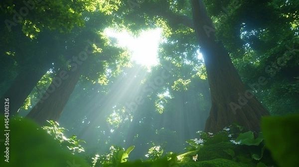 Fototapeta Sunlight streams through towering forest trees, illuminating lush green foliage