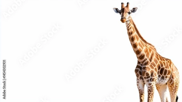 Fototapeta Tall giraffe stands proud with spotted pattern against bright white backdrop
