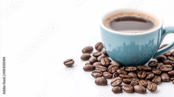 Fototapeta Teal cup of coffee with roasted beans on white background