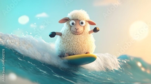 Fototapeta 3D render of a cartoon sheep joyfully surfing a turquoise wave under a sunny sky.
