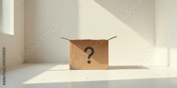 Fototapeta Unopened Cardboard Box with Question Mark Inside, a Symbol of Mystery and the Unknown, Sitting on a White Surface in a Room with Sunlight Streaming Through a Window