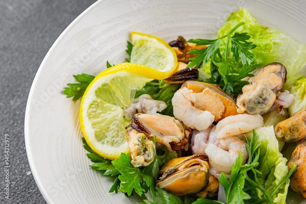 Obraz Salad seafood shrimp, mussels, squid, rapawn, prawn, green mixed leaf dish fresh food background on the table rustic food top view copy space 