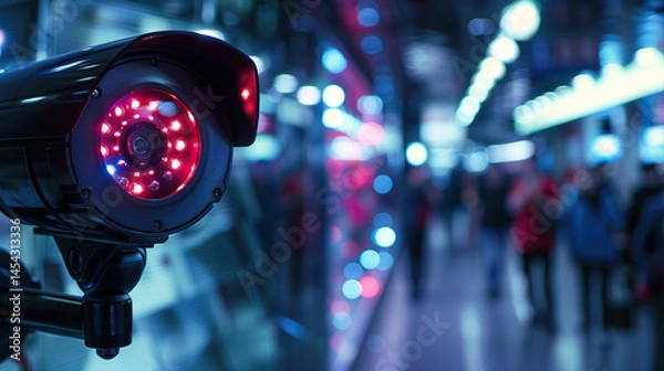 Fototapeta Close-up of surveillance camera with blinking red LED light monitoring retail store aisle, security and monitoring concept for shopping mall or supermarket.