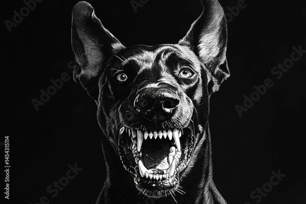 Fototapeta A fierce doberman bursts from the darkness, barking with a menacing expression while showing its sharp teeth and glaring eyes. The artwork highlights its aggressive stance in striking detail