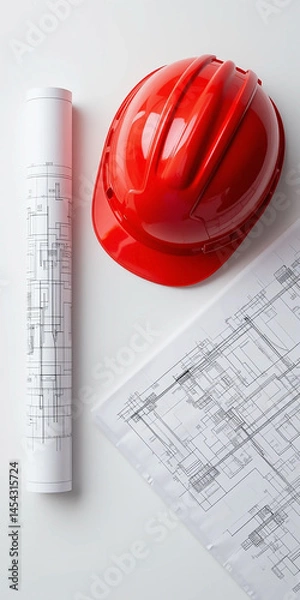 Fototapeta vertical mobile background of red hardhat on a table and some blue print drawing papers and role around 