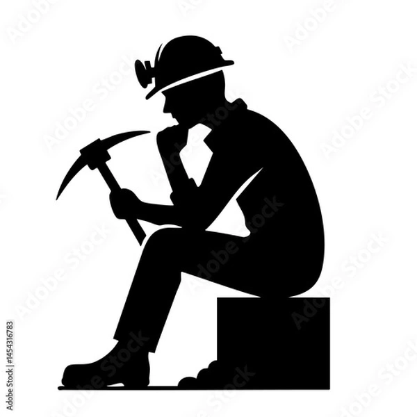 Fototapeta Contemplative Miner: A Black and White Silhouette of a Thoughtful Mining Worker