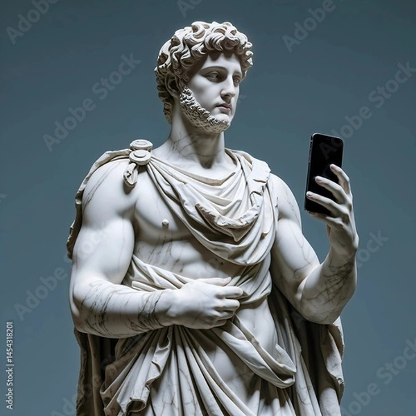Fototapeta A hyper-realistic marble statue of a Greek or Roman god-like figure, complete with intricate curls and a detailed toga, is holding a modern smartphone in one hand.
