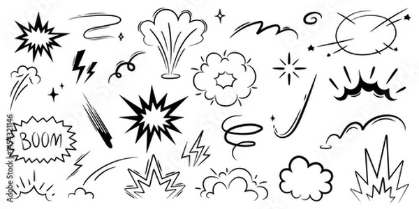 Fototapeta Comic boom burst, explosive smoke. speed line cartoon vector icon. Cartoon effect, boom explosive motion line element set.