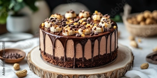 Fototapeta Chocolate dessert with cream, nuts, and bananas presented on rustic wooden stand at a cozy indoor setting