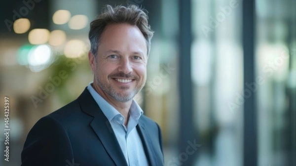Fototapeta Headshot of a smiling businessman in a modern office, shallow depth of field