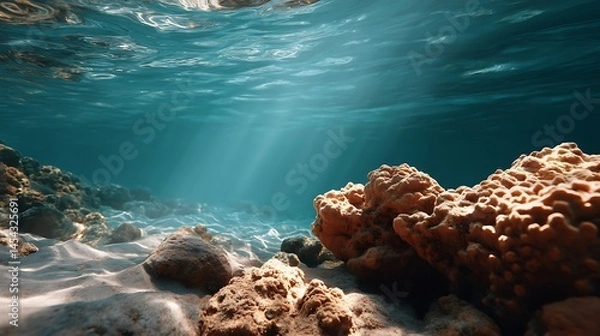 Obraz Underwater Scene with Sunlight, Coral and Rocky Seabed in a Clear Ocean Environment