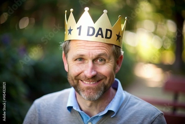 Fototapeta Smiling man wearing a "1 dad" crown celebrating fatherhood and family concept