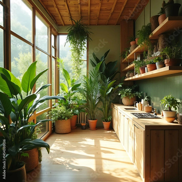 Fototapeta Eco-Friendly Apartment with Green Plants and Wooden Elements, Generate AI