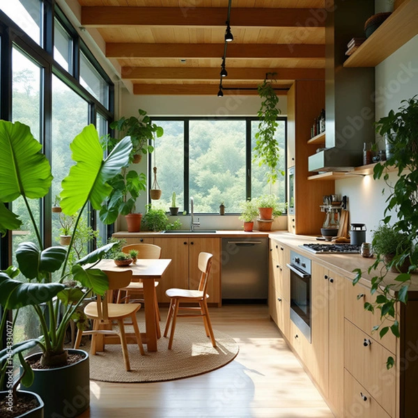 Fototapeta Eco-Friendly Apartment with Green Plants and Wooden Elements, Generate AI