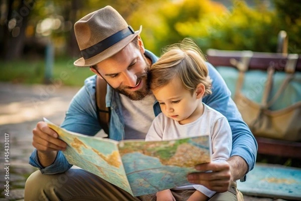 Fototapeta Father and son reading a map together exploring a park adventure journey outdoors