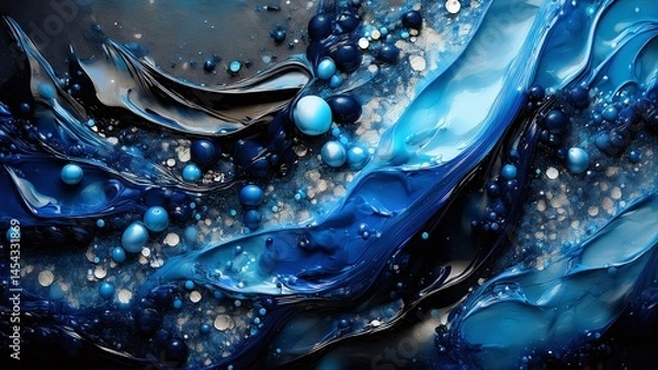 Fototapeta Blue Fluid Ink and Bubble Flow in Abstract Swirl