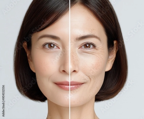 Fototapeta Before and after aging skincare concept portrait, Side-by-side comparison of a middle-aged woman with youthful skin and visible aging, illustrating skincare or age progression effects. Generative by A