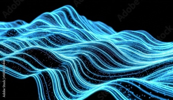 Obraz A glowing digital landscape of blue flowing lines and dots, resembling a futuristic wave or data visualization on a black background.