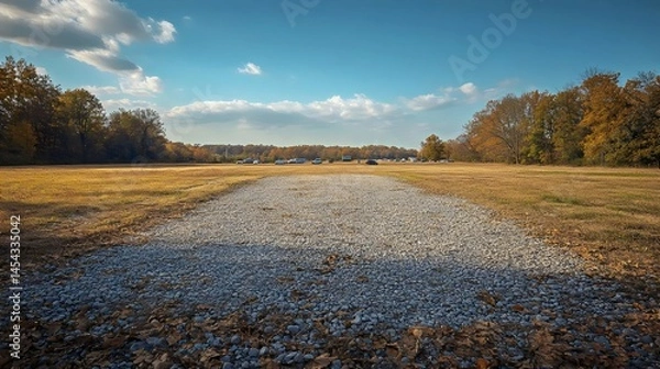 Fototapeta A wide gravel path leading to a field with trees under a sunny autumn sky.