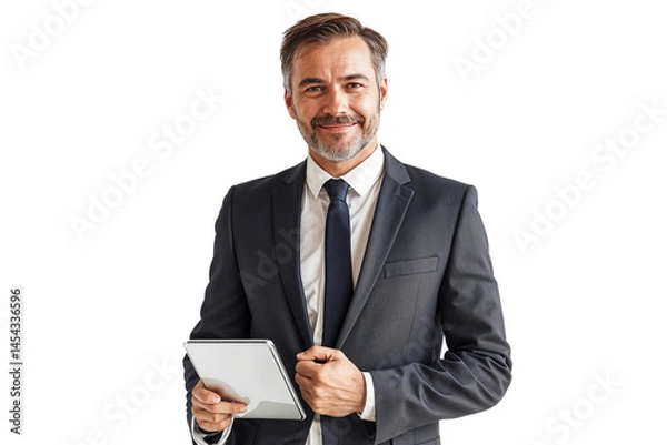 Fototapeta Confident senior businessman holding a tablet for working, smiling at the camera, isolated on transparent background