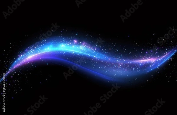 Fototapeta 黒背景に輝く青紫色の光の波状デザイン 宇宙空間を表現した輝きの線と星の粒子