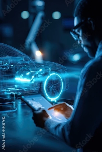 Fototapeta Auto engineer next to a holographic model of a car. Innovative technologies in the development of car design. A stunning holographic model illustrates the engineer's dedication to design.