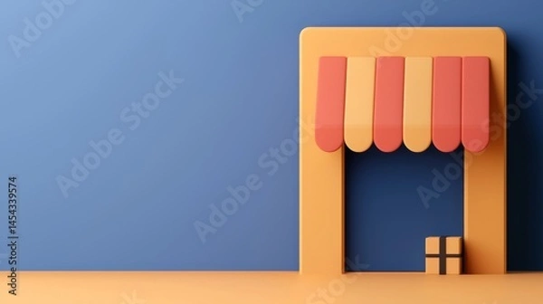 Fototapeta Shopping Digital Concept. Colorful shopfront with a striped awning and gift boxes in front.