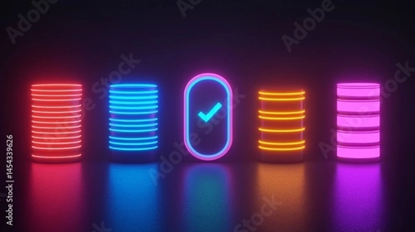 Fototapeta Shopping Digital Concept. Colorful neon stacks with a checkmark symbol in dark background.
