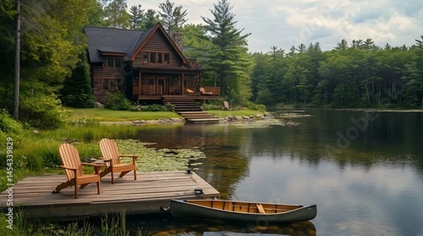 Fototapeta Rustic lake house with wooden dock and chairs.
