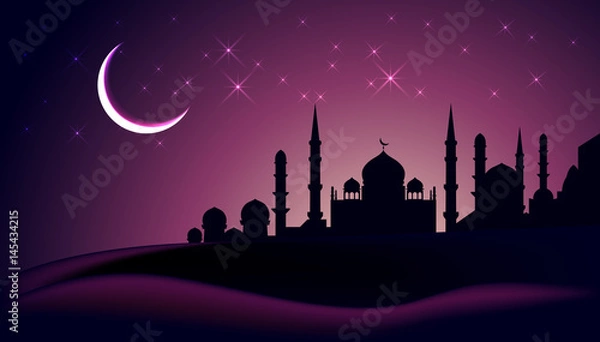 Fototapeta Eid Mubarak greeting card with mosque silhouette and crescent, vector illustration