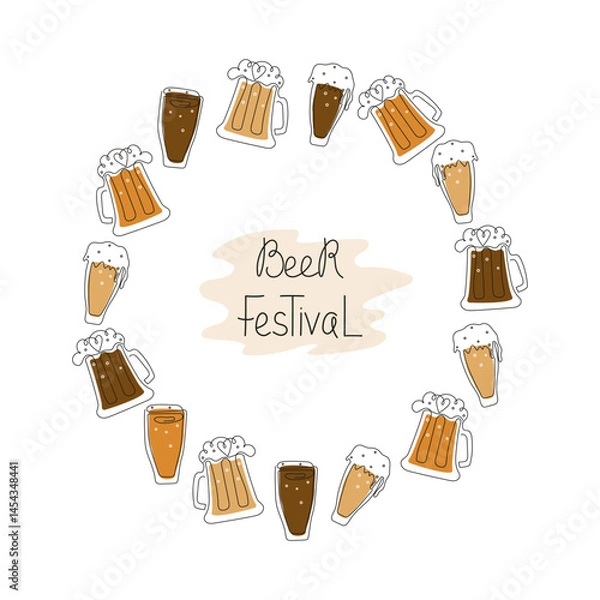 Fototapeta Beer day, festival, october, holiday. Frame, border round. Set of mugs and glasses with drinks. Lettering, outline drawing, line art. Vector illustration, isolated background.