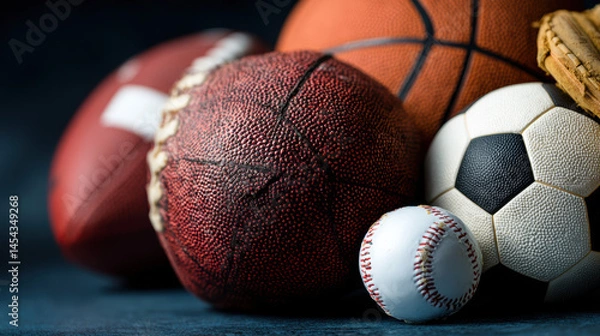Obraz An assortment of different sports equipment including a football, basketball, soccer ball, baseball, and glove are arranged together in a close up photograph.
