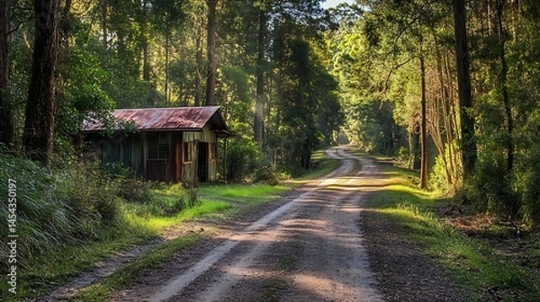 Obraz Rustic cabin nestled within a sunlit forest path.