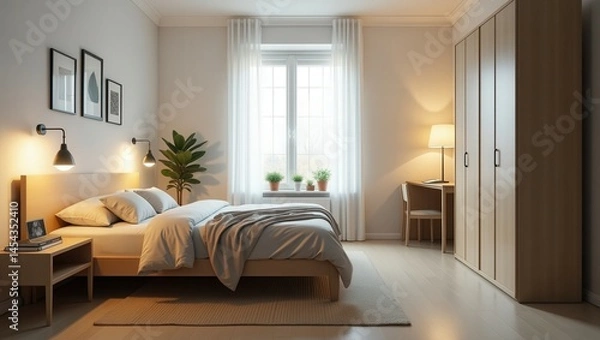 Fototapeta A cozy IKEA-style bedroom featuring a wooden bed with white bedding, bedside tables with lamps, a wooden wardrobe, a desk and chair, framed art, potted plants, and ample natural light through a window