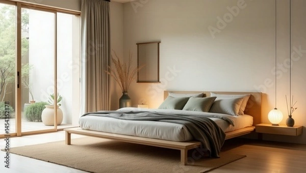Obraz A Japandi bedroom blends Japanese calm and Nordic simplicity. A low wooden bed sits serenely with neutral bedding, botanical art, pampas grass, warm wood tones, natural light, and a cozy patio view.