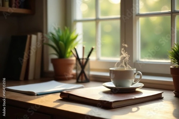 Fototapeta Peaceful morning workspace with a warm beverage and notebooks near a sunlit window