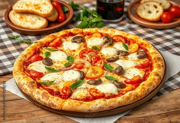 Obraz Veggie pizza on wooden table with red wine and garlic bread