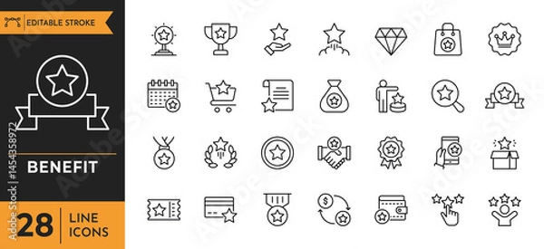 Fototapeta Benefit line icon set. Containing Reward, bonus, loyalty, star, winner, award, emploee, and more. Editable stroke. Vector illustration