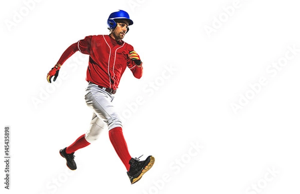 Fototapeta one caucasian man baseball player running isolated on white