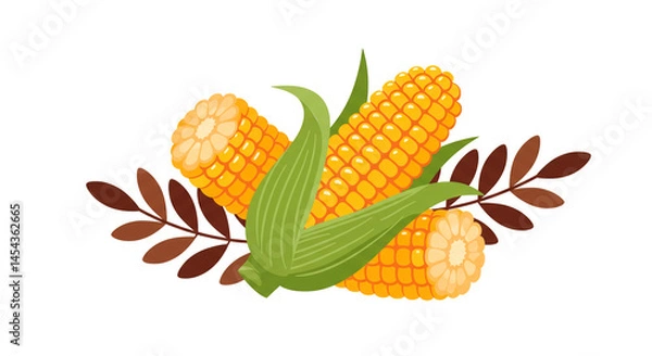 Fototapeta A beautiful illustration of maize cobs arranged with brown leaves and husk, creating an eye-catching autumnal design.