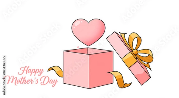 Fototapeta A stylized gift box with a heart emerging, tied with a gold ribbon, sits beside "Happy Mother's Day" text on a black background.