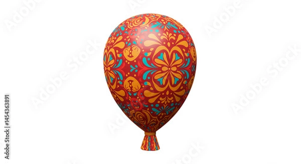 Fototapeta Festive balloon with an intricate floral pattern in red, gold, and teal, isolated on a black background for party celebrations.