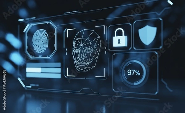 Fototapeta Biometric authentication interface with fingerprint and facial recognition.