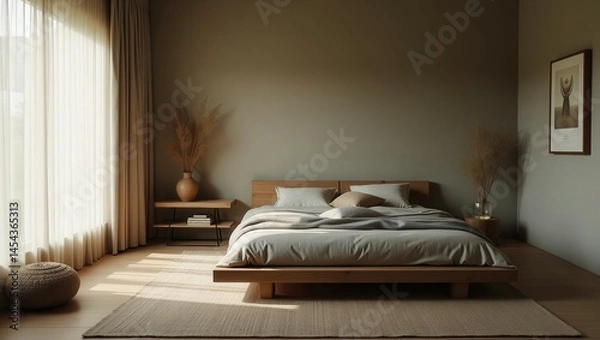 Fototapeta The wabi sabi bedroom features a wooden bed with white sheets, a blue duvet, botanical motifs on top, and sheer curtains, a wooden bedside table with dried flowers and a chair, a serene atmosphere.