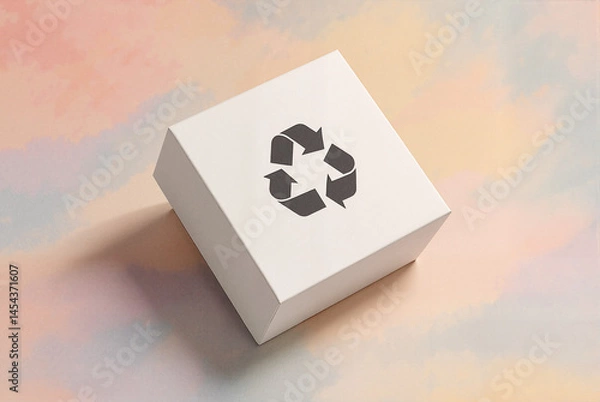 Obraz A 3D render of a minimalist white box with a subtle recycling logo, stacked at a 45-degree angle