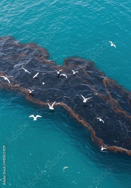 Obraz Seagulls flying over oil spill in turquoise ocean waters.