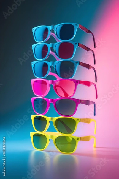Fototapeta A stack of colorful sunglasses in various hues, artfully displayed with a vibrant background.