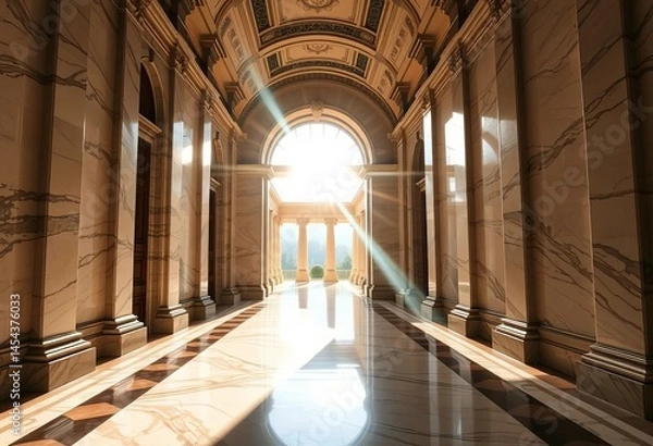 Fototapeta Sunlight bathes grand marble hallway, highlighting classical architecture, stone, bright