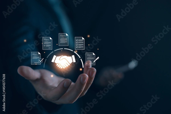 Fototapeta Businessman manage digital procurement process with business contract, invoice, approval documents, representing B2B sourcing, vendor management, supply chain, e-procurement.